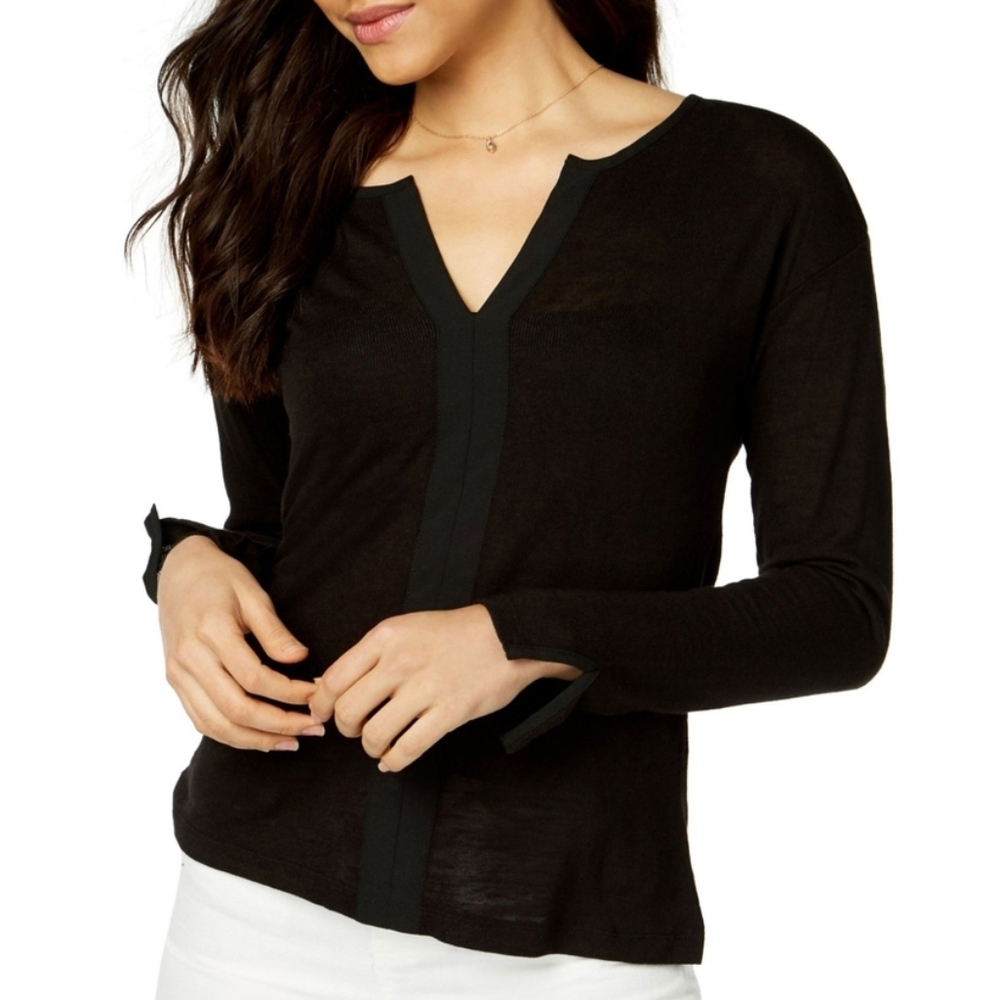 Sanctuary Sienna Mix Black Long Sleeved V Neck Blouse Wrist Detailing Size XS
